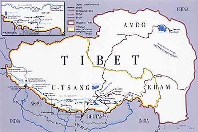 Map of Tibet showing Historial and Contemporary Boundaries